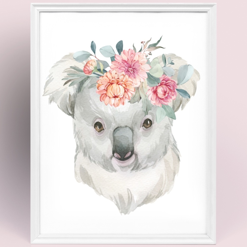 Watercolor Floral Baby Koala Illustration Wall Art Print Poster Unframed - Picture 1 of 10